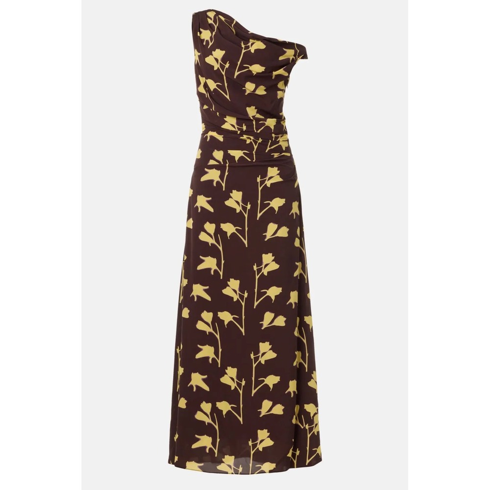Staud One Shoulder Maxi Dress Brown Yellow Floral Tulip Ruched Viscose 4 e5